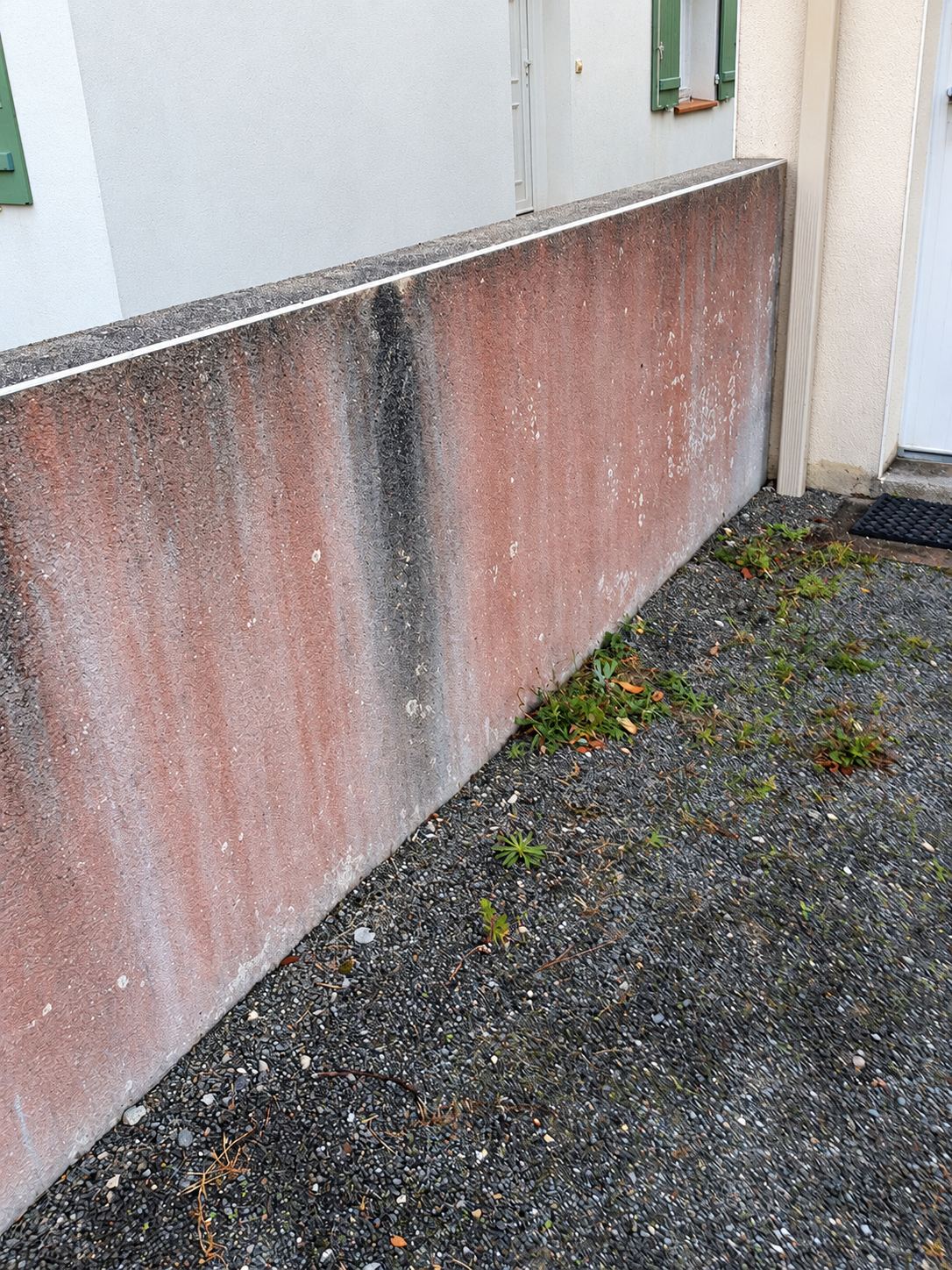 Muret en crépi sali par des traces noires, avant le démoussage